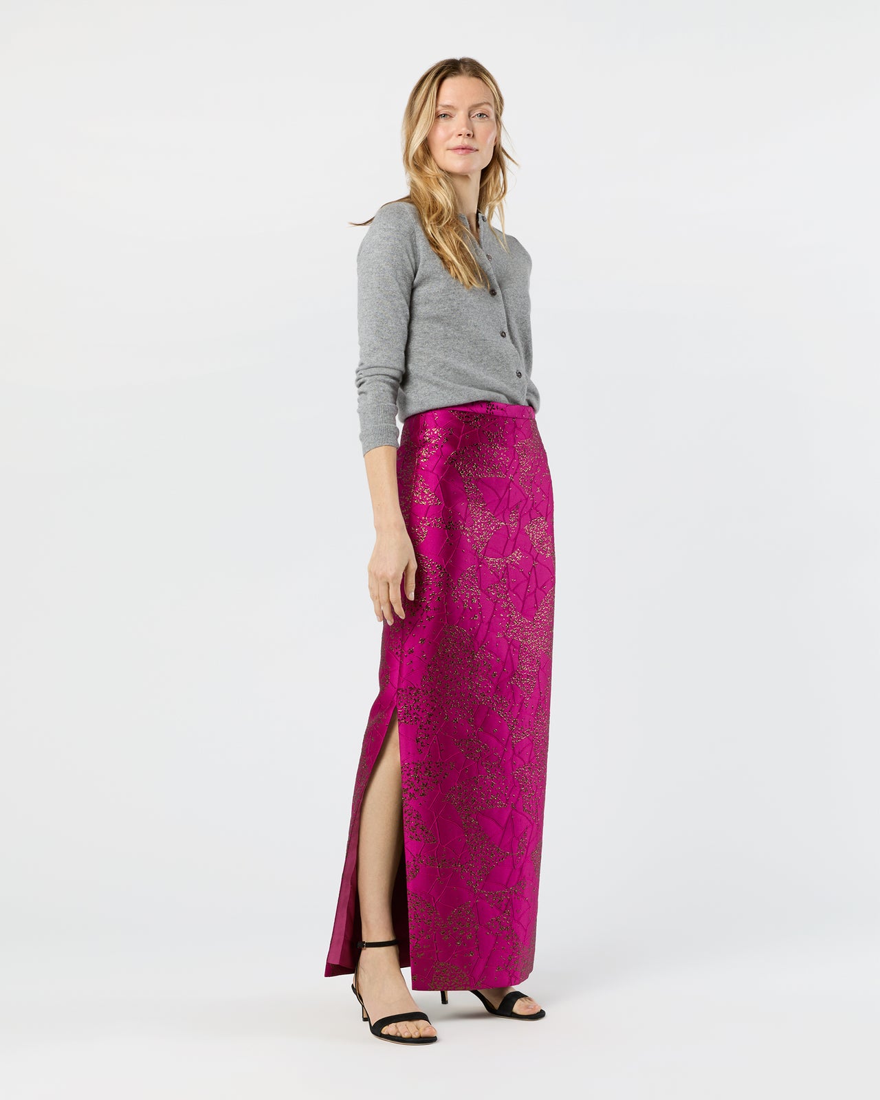 Long Pencil Skirt in Magenta/Bronze Floral Matelassé