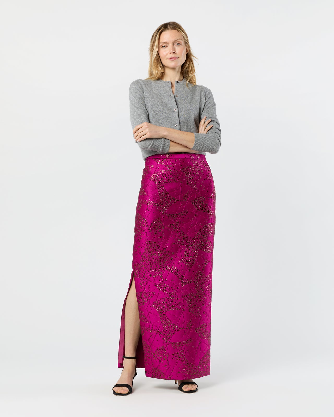 Long Pencil Skirt in Magenta/Bronze Floral Matelassé