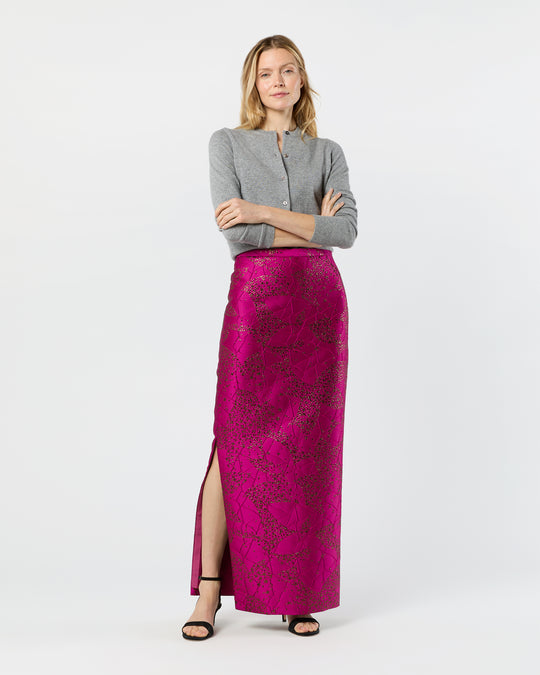 Long Pencil Skirt in Magenta/Bronze Floral Matelassé