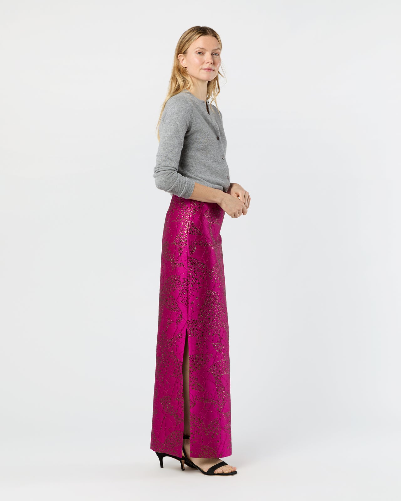 Long Pencil Skirt in Magenta/Bronze Floral Matelassé