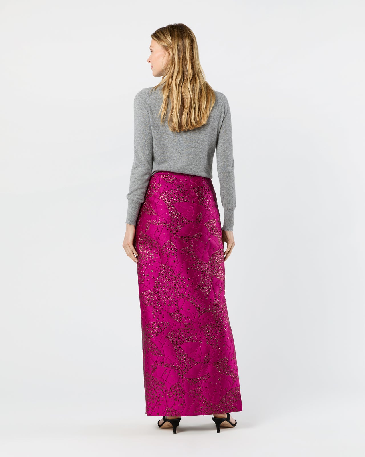 Long Pencil Skirt in Magenta/Bronze Floral Matelassé