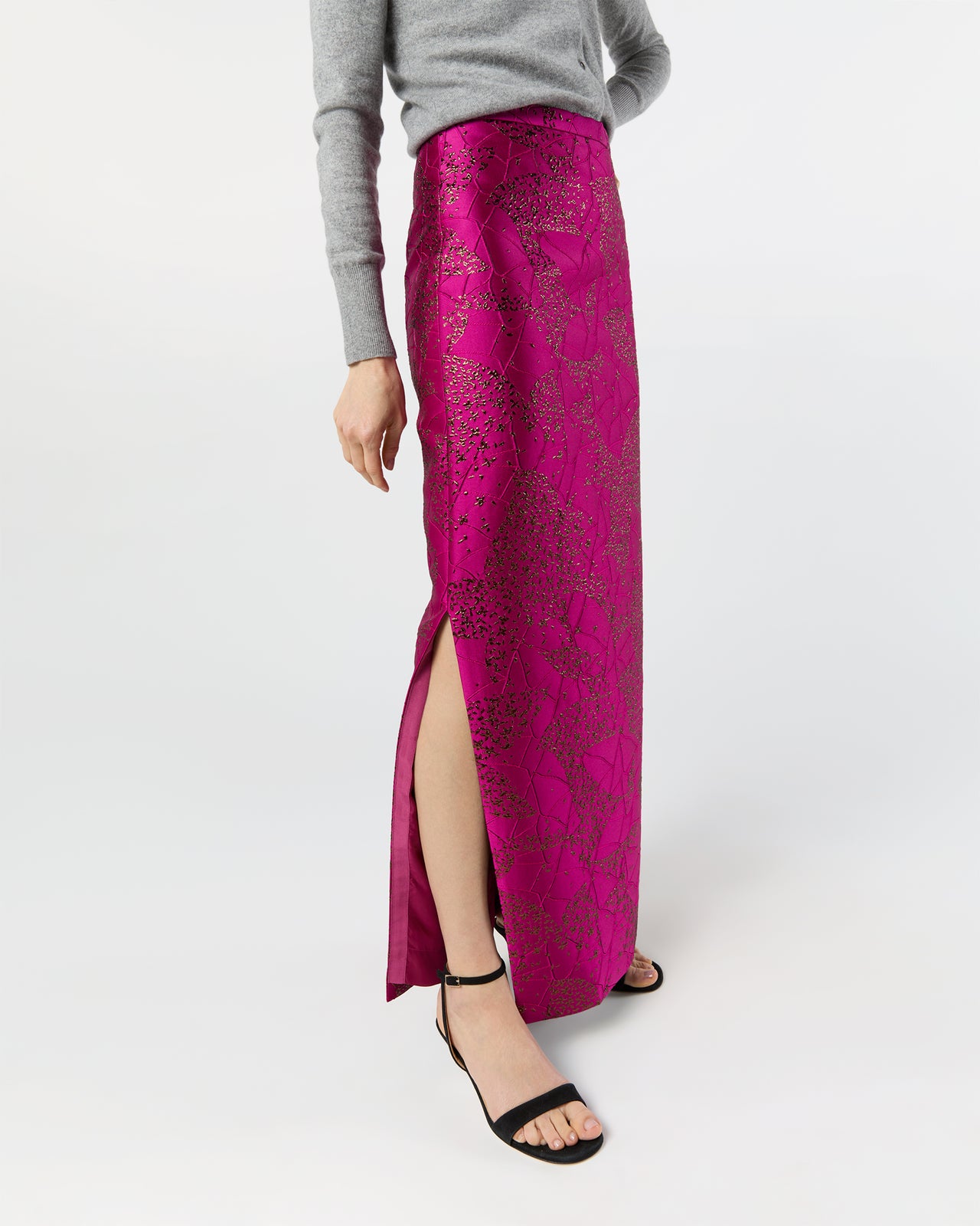 Long Pencil Skirt in Magenta/Bronze Floral Matelassé