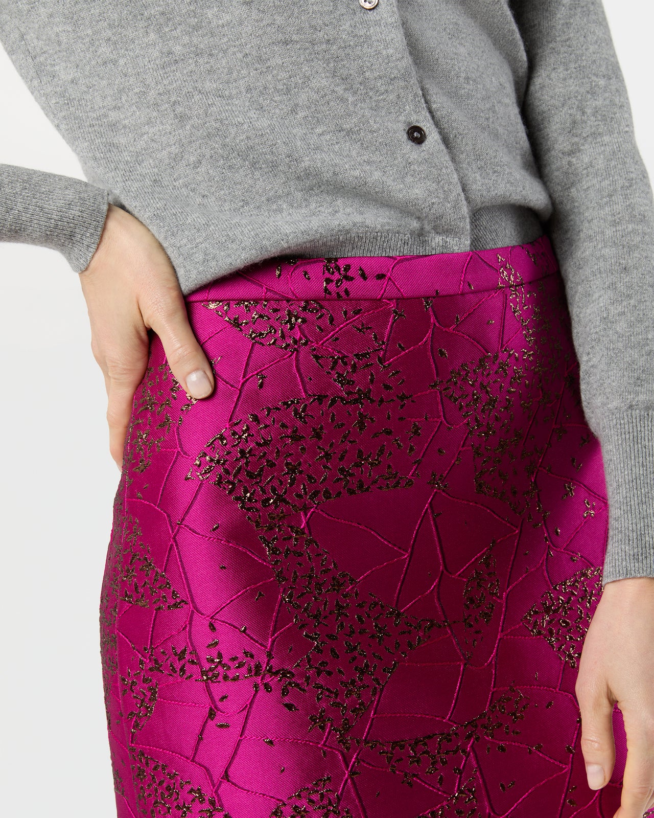 Long Pencil Skirt in Magenta/Bronze Floral Matelassé