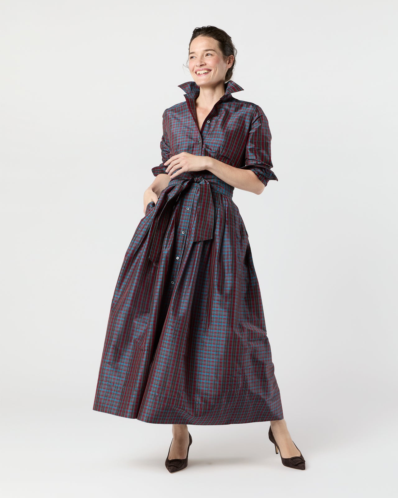 Classic Shirtwaist Maxi Dress in Mini Macbeth Tartan Iridescent Silk Shantung