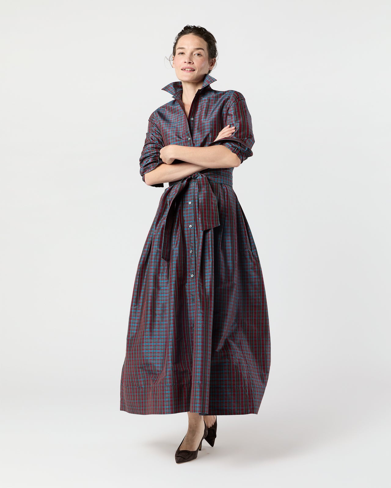 Classic Shirtwaist Maxi Dress in Mini Macbeth Tartan Iridescent Silk Shantung