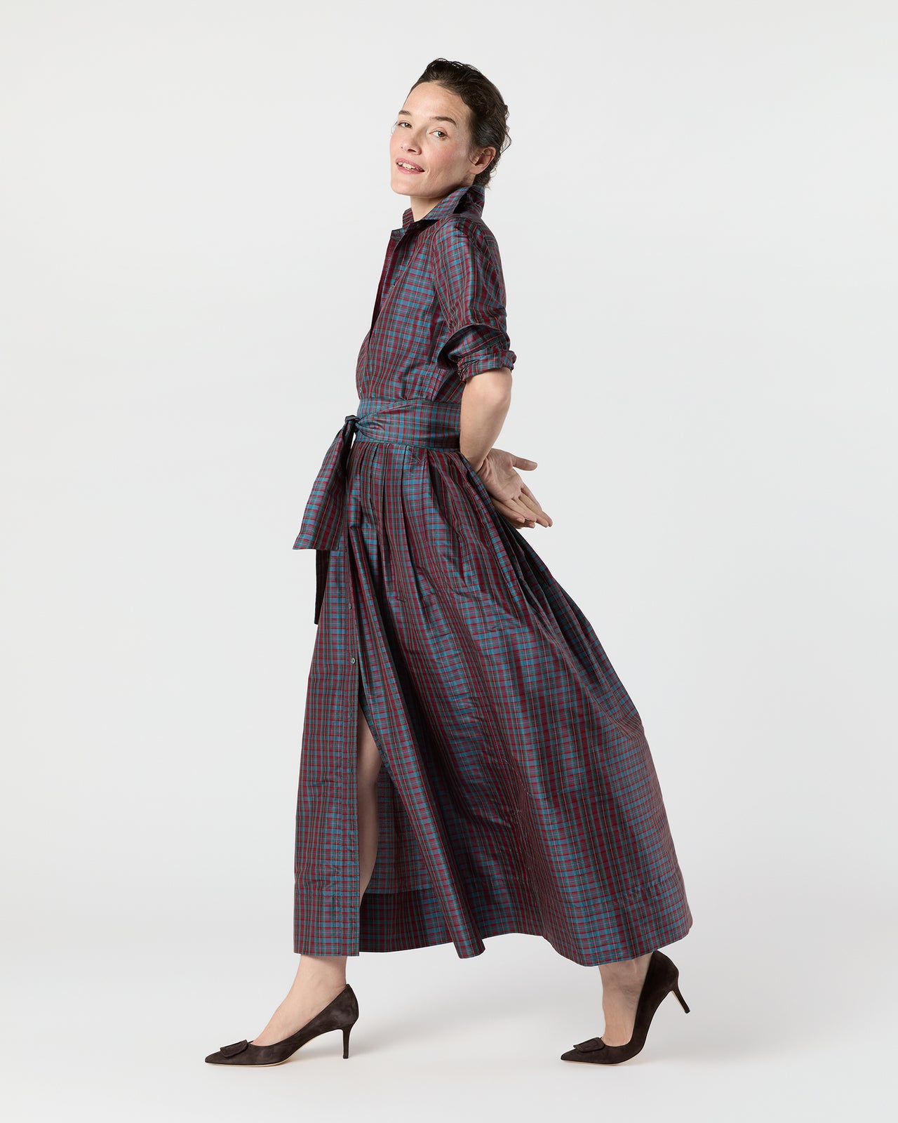 Classic Shirtwaist Maxi Dress in Mini Macbeth Tartan Iridescent Silk Shantung