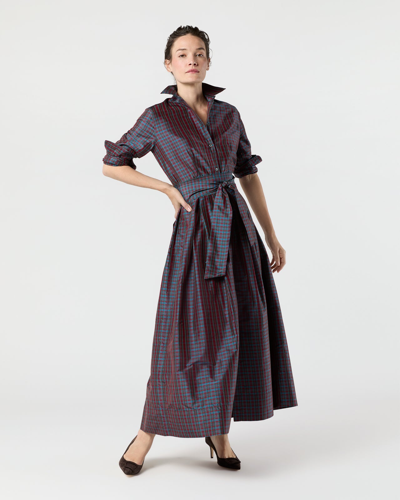 Classic Shirtwaist Maxi Dress in Mini Macbeth Tartan Iridescent Silk Shantung