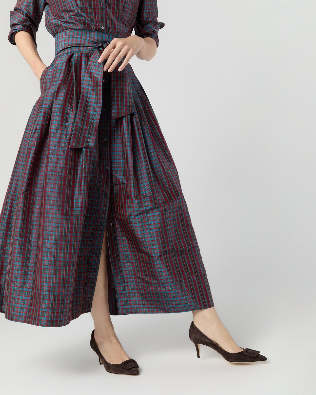 Classic Shirtwaist Maxi Dress in Mini Macbeth Tartan Iridescent Silk Shantung