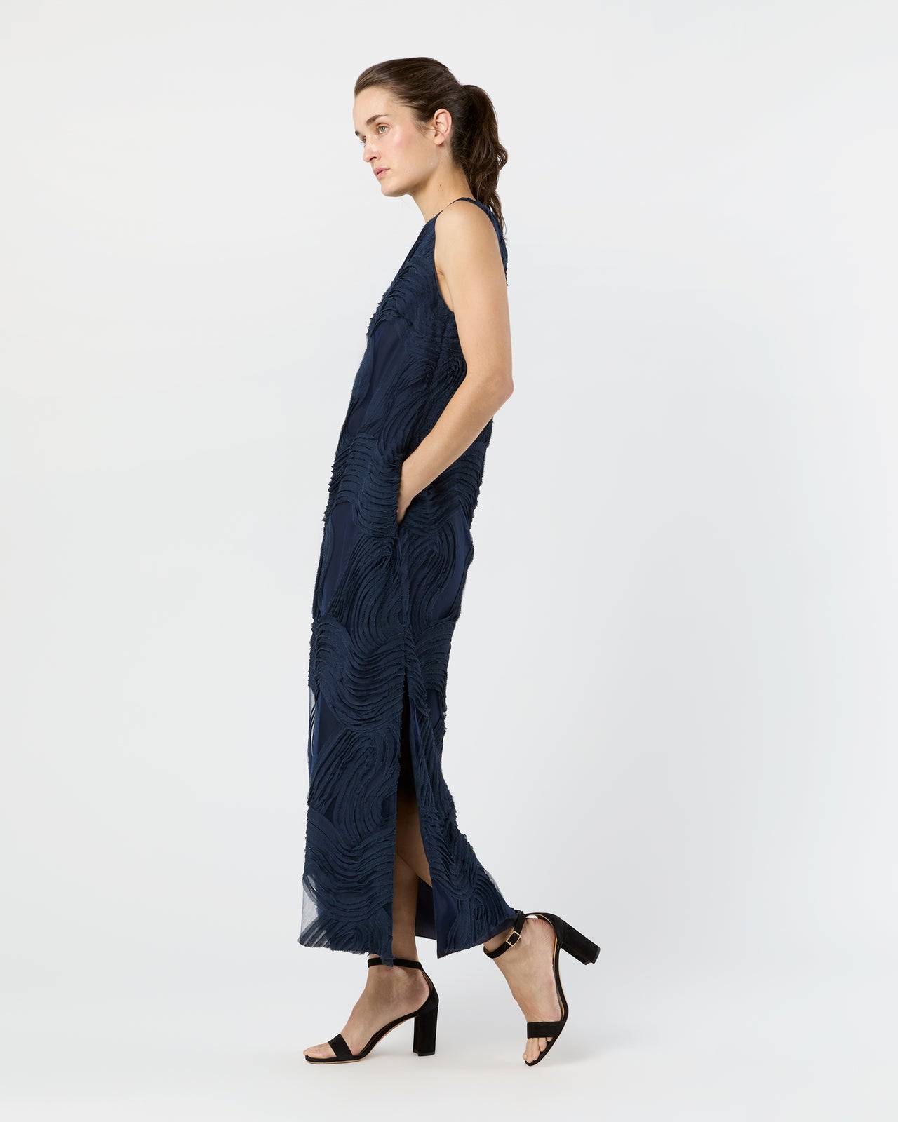 Susy Shift Maxi Dress in Navy Ribbon Embroidery