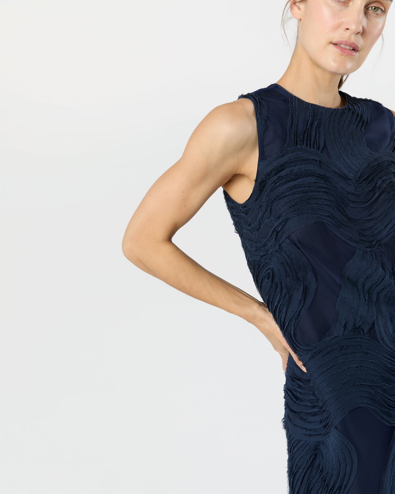 Susy Shift Maxi Dress in Navy Ribbon Embroidery