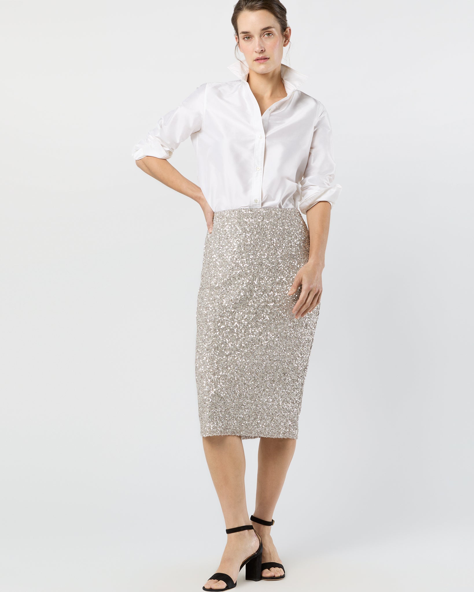 Pull-On Skirt in Silver Sequin