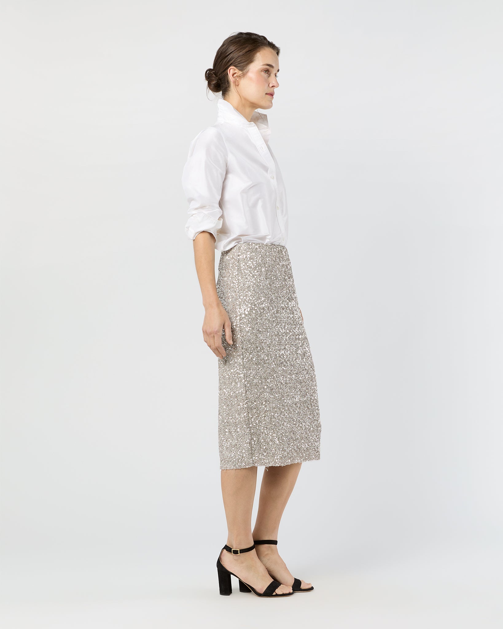 Pull-On Skirt in Silver Sequin