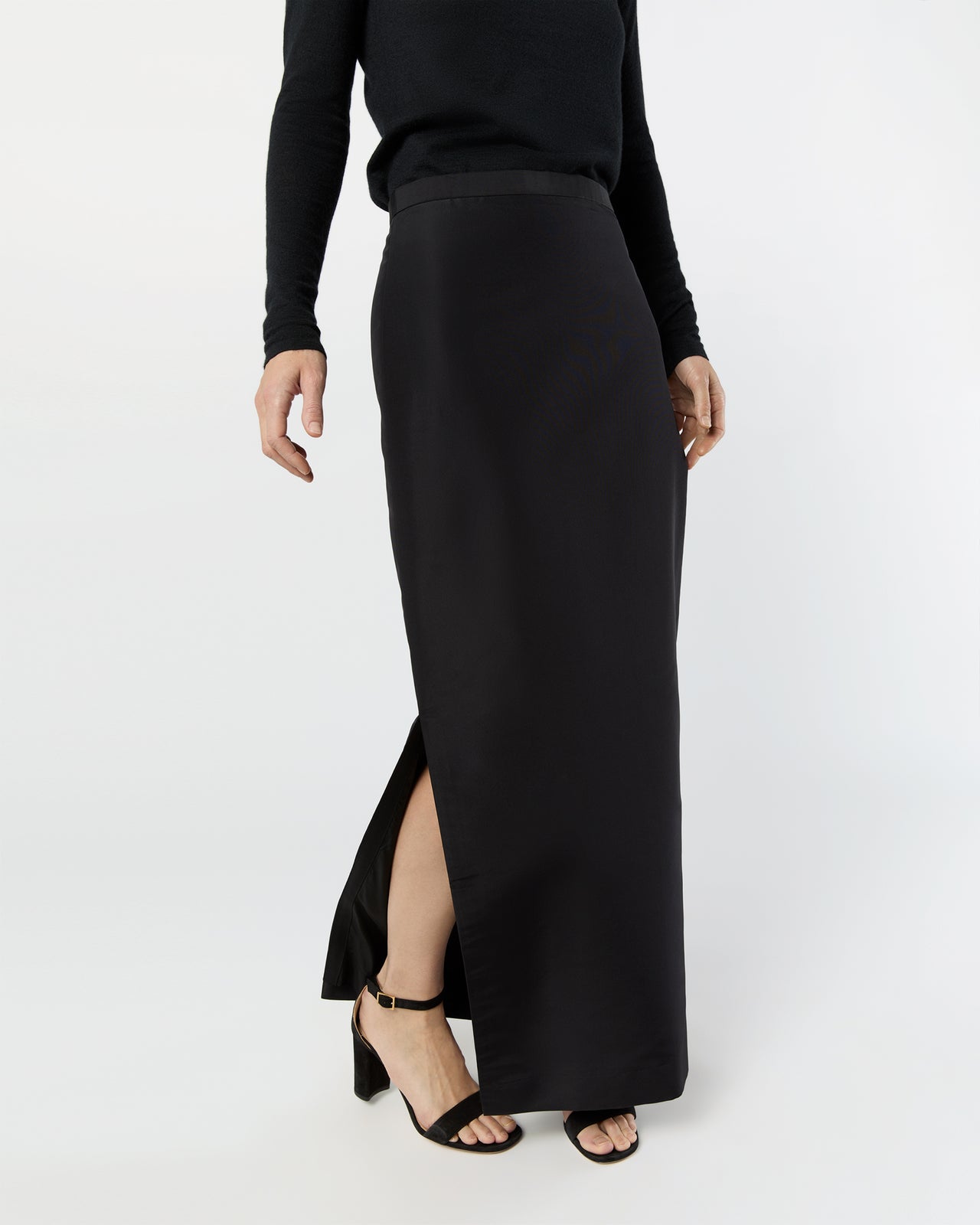 Long Pencil Skirt in Black Silk Faille