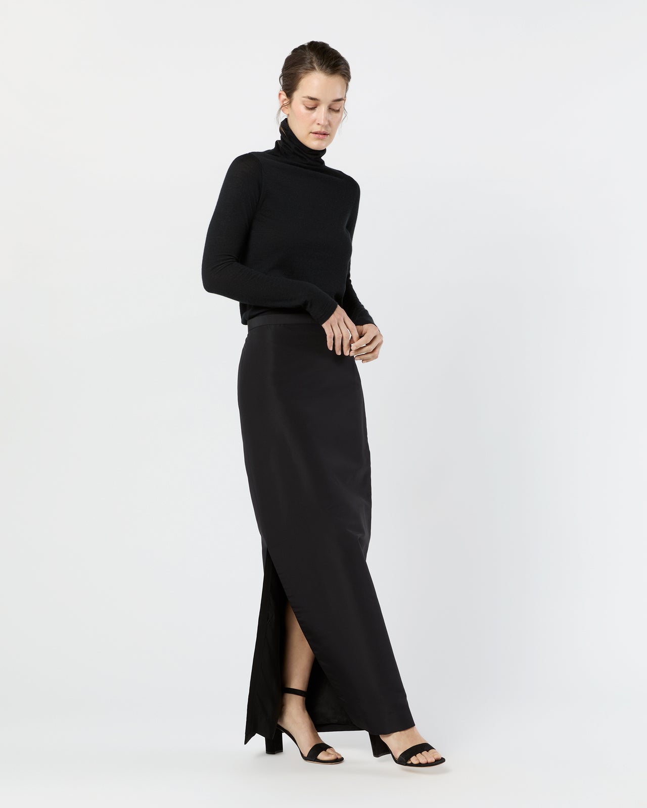 Long Pencil Skirt in Black Silk Faille