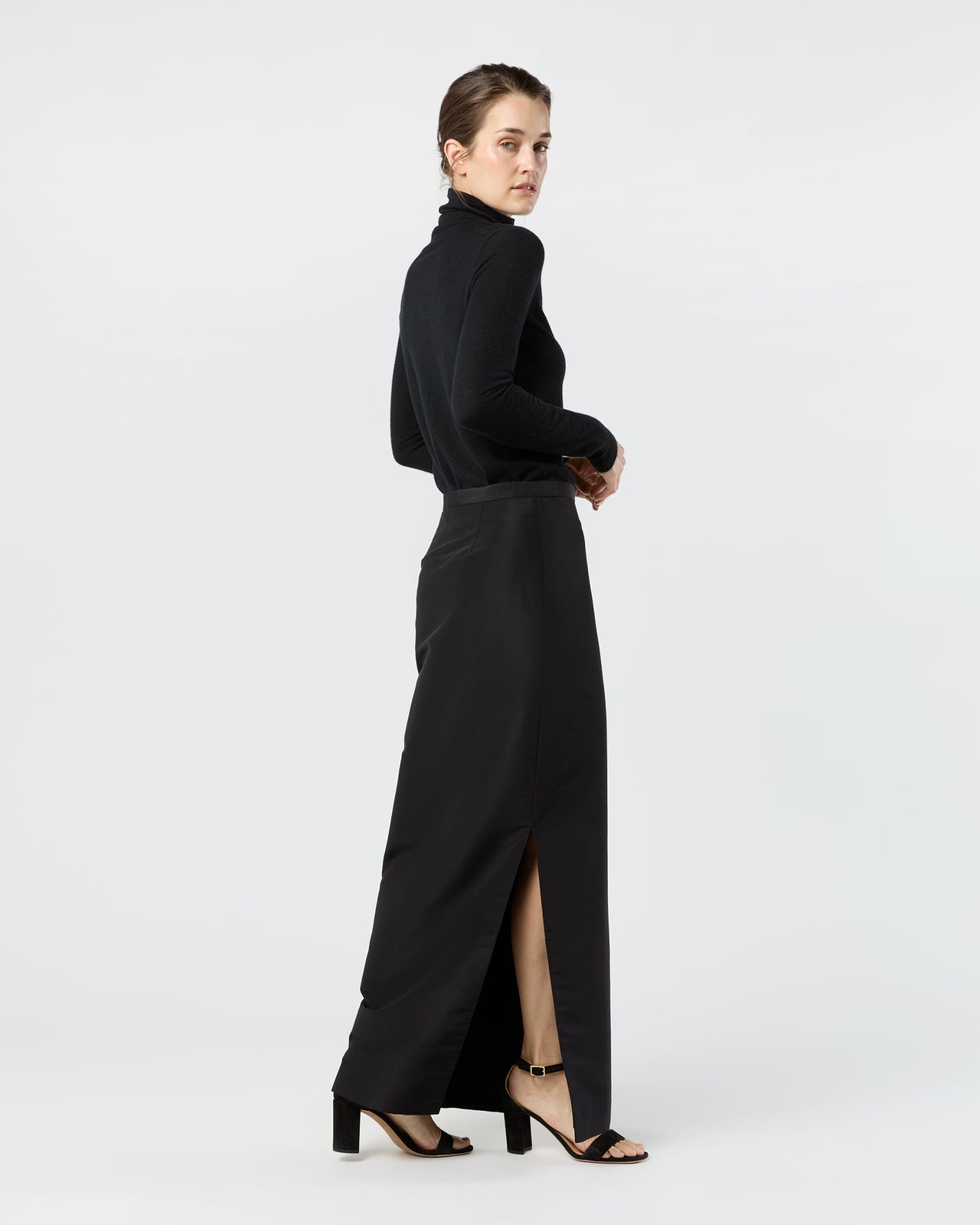 Long Pencil Skirt in Black Silk Faille