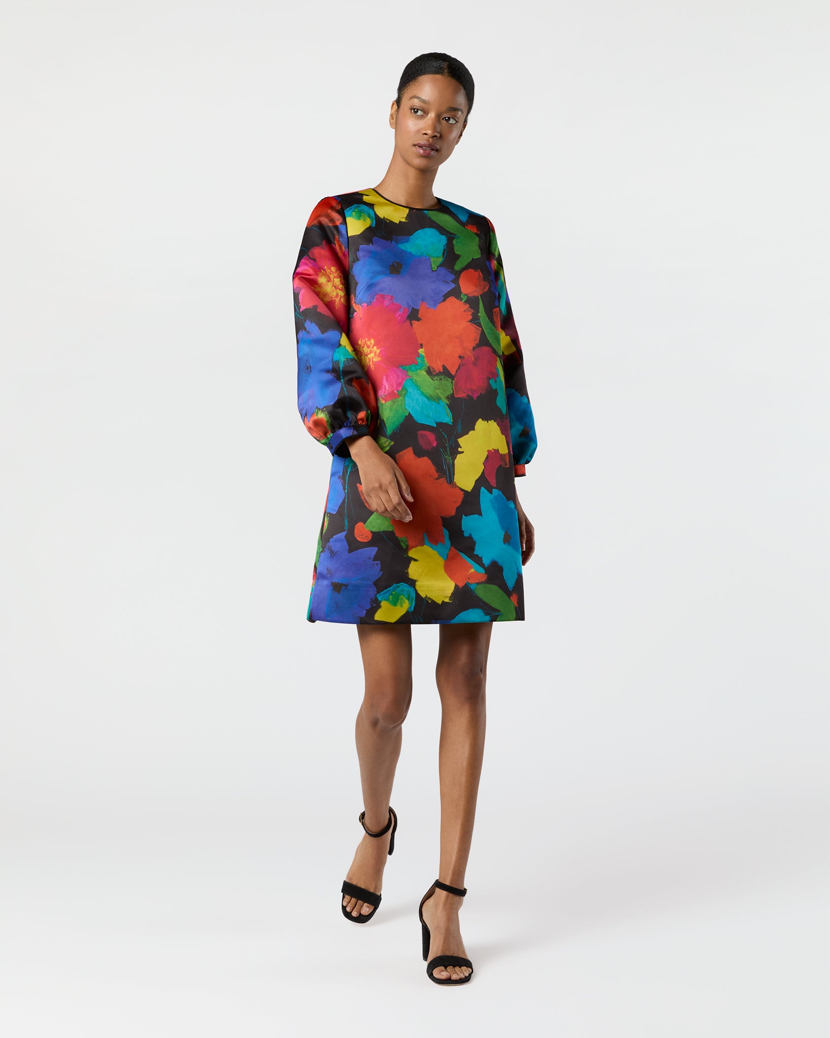 Lulu Dress in Black/Multi Floral Mikado