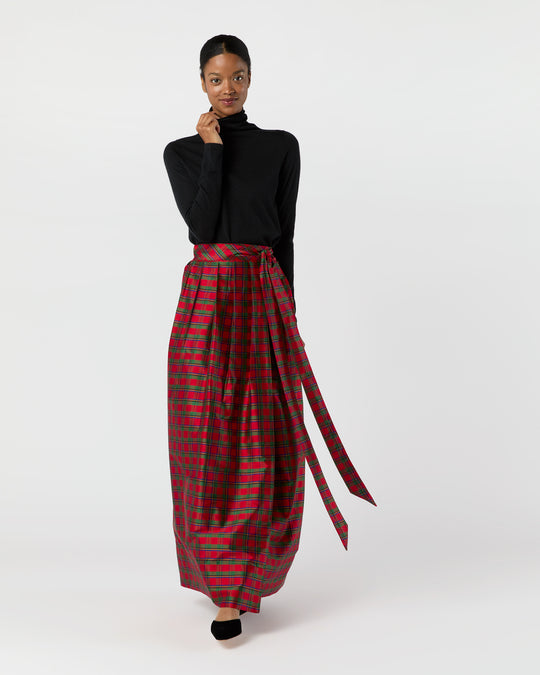 Pleated Wrap Skirt in Red Holiday Tartan Silk Shantung