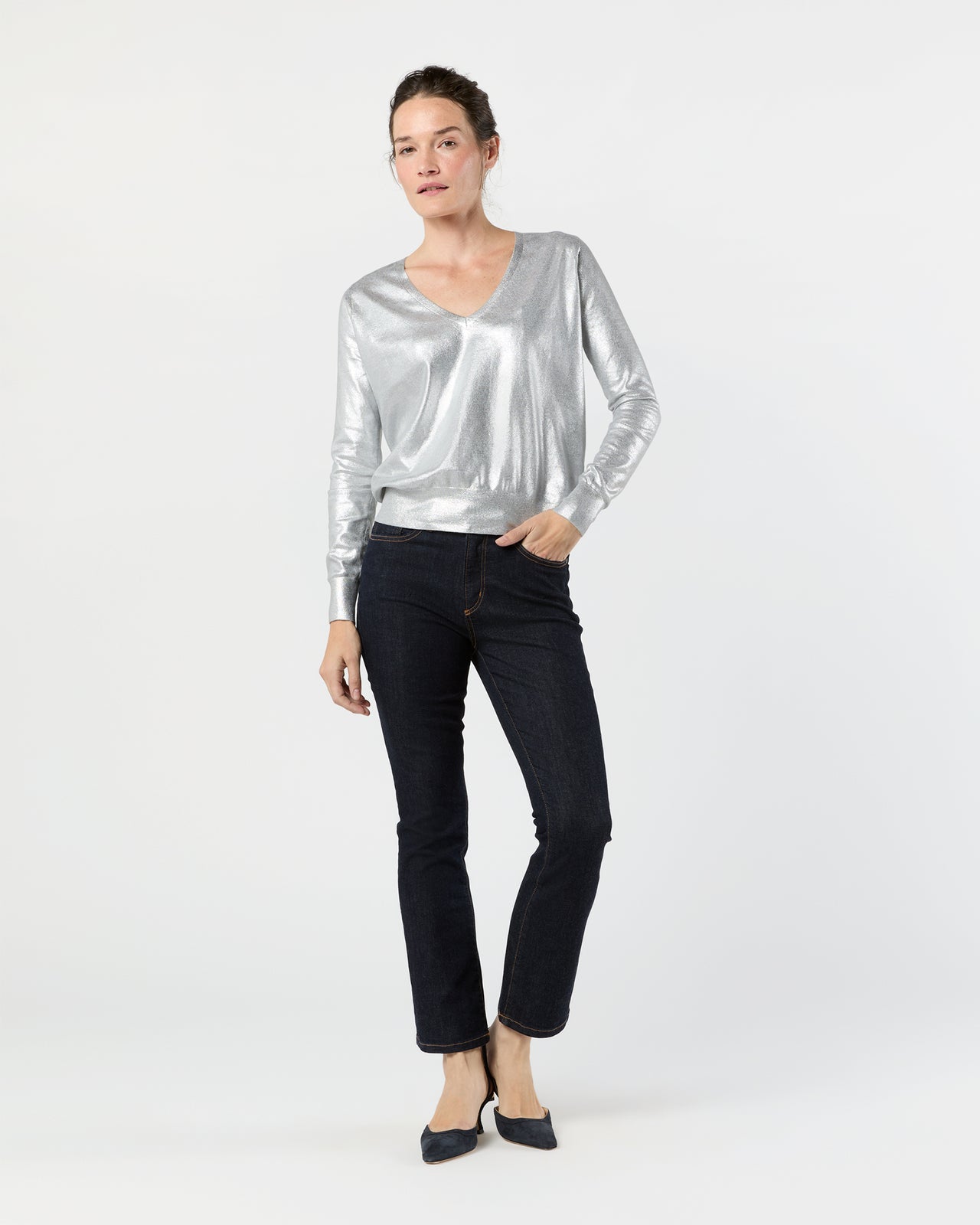 Alida V-Neck Sweater in Silver Foil Print Cotton