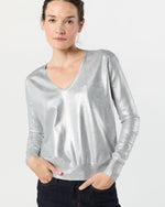 Load image into Gallery viewer, Alida V-Neck Sweater in Silver Foil Print Cotton
