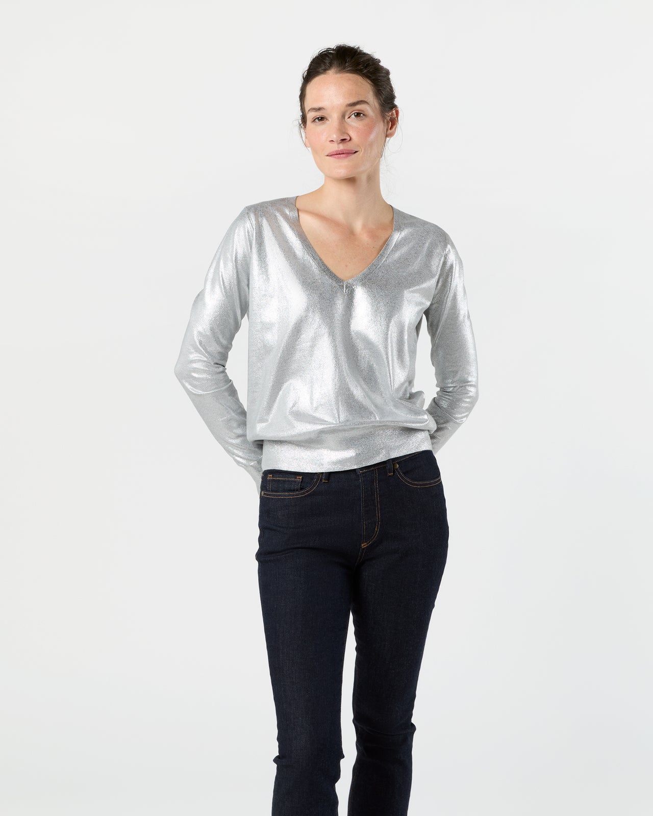 Alida V-Neck Sweater in Silver Foil Print Cotton