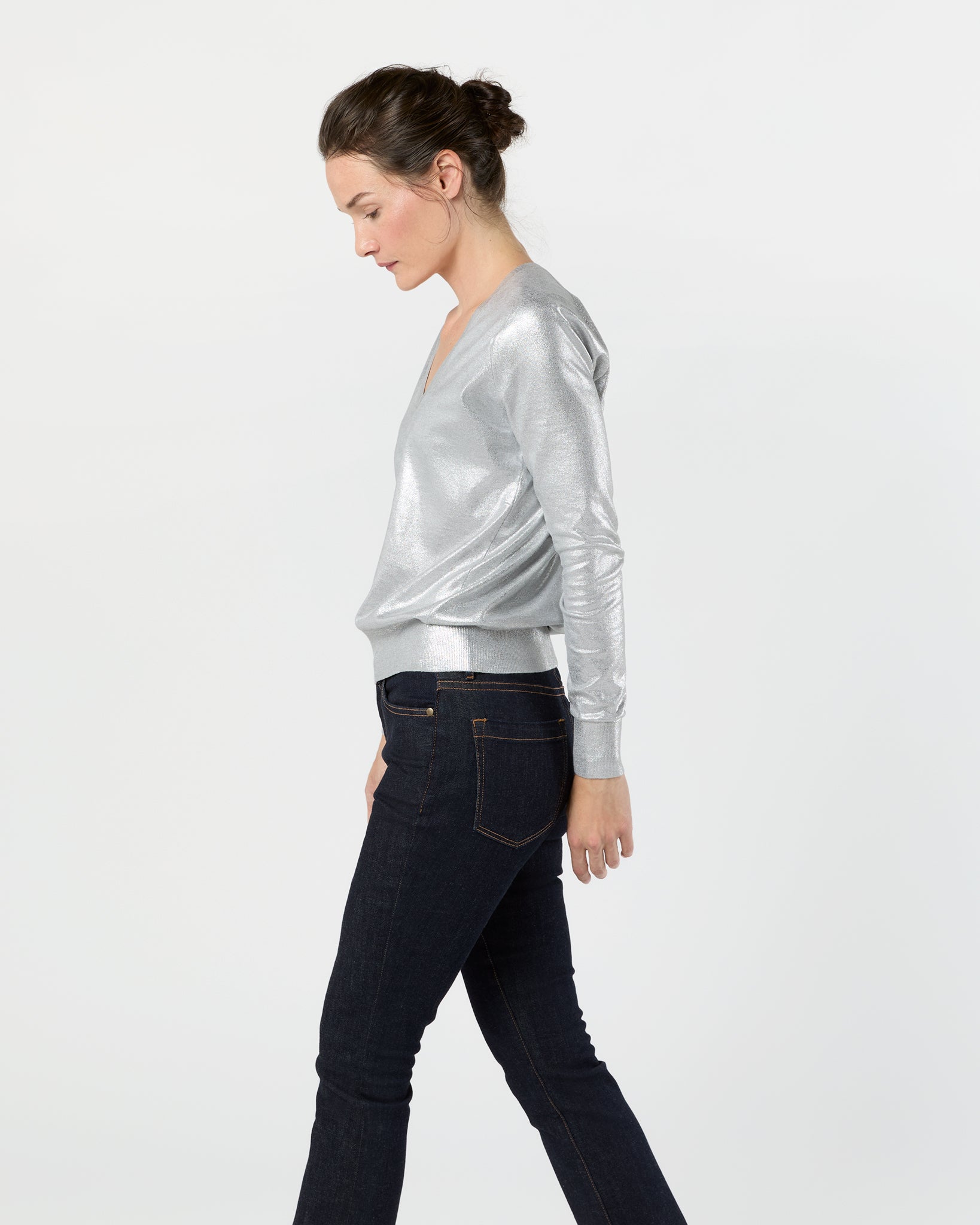 Alida V-Neck Sweater in Silver Foil Print Cotton