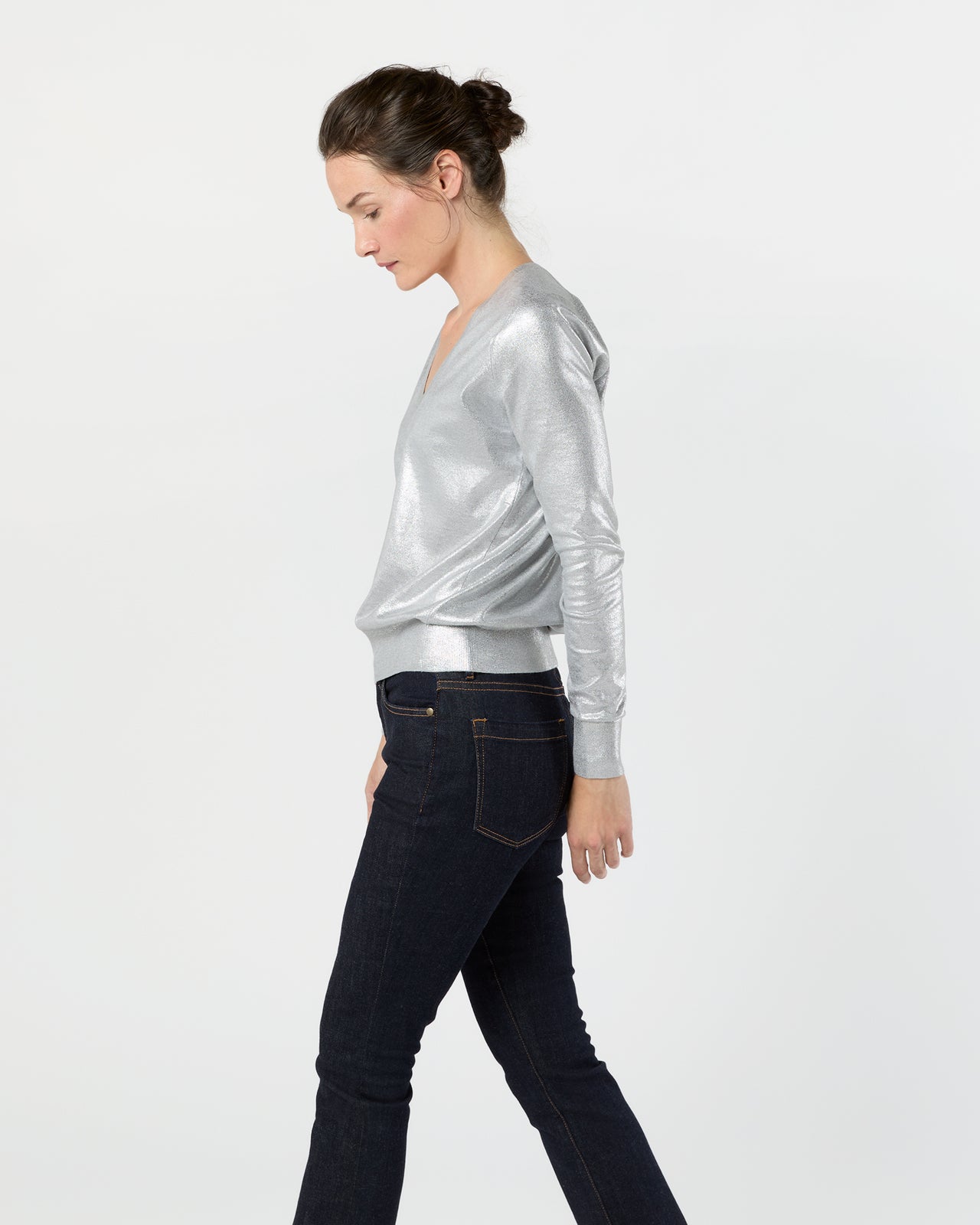 Alida V-Neck Sweater in Silver Foil Print Cotton