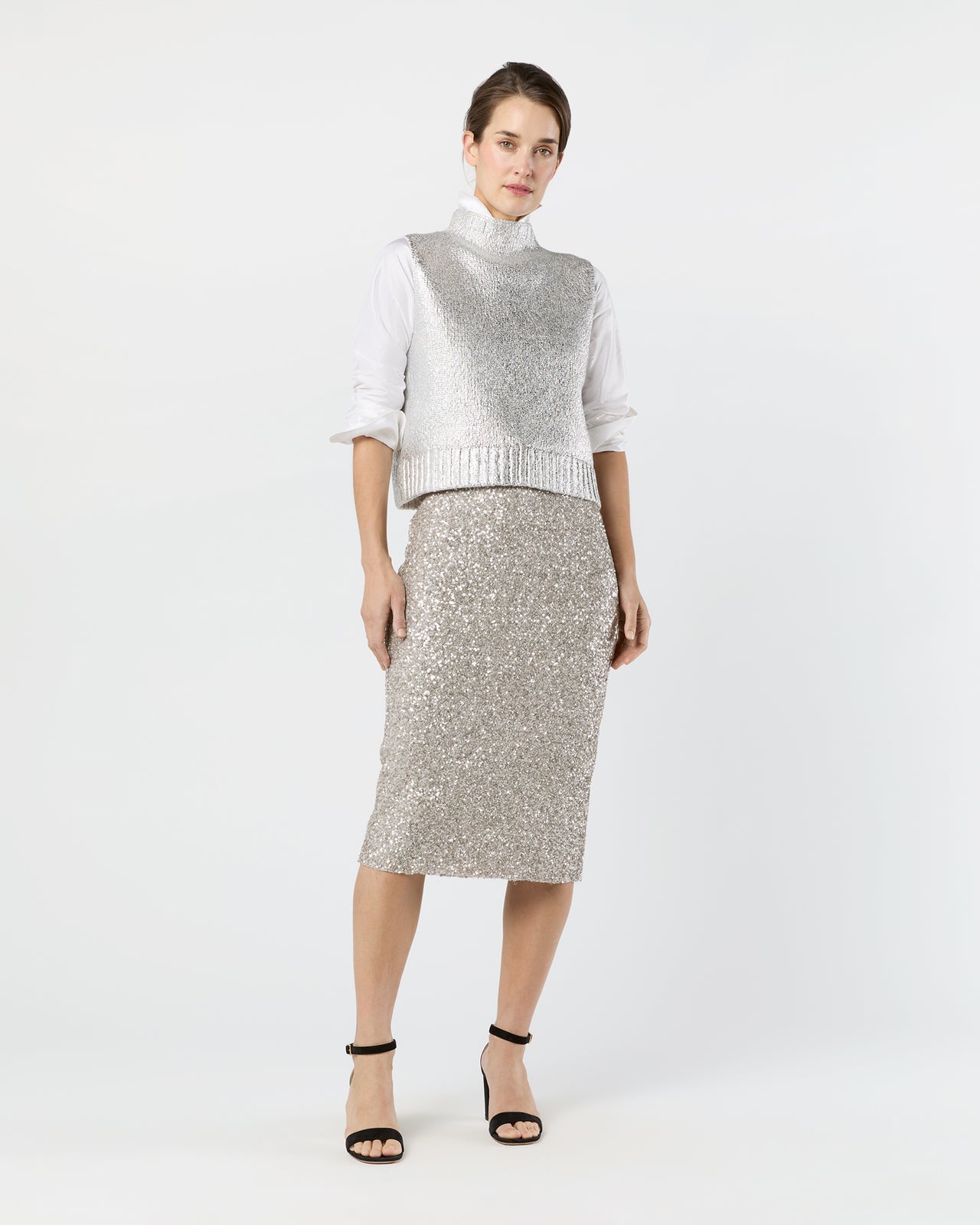 Pull-On Skirt in Silver Sequin