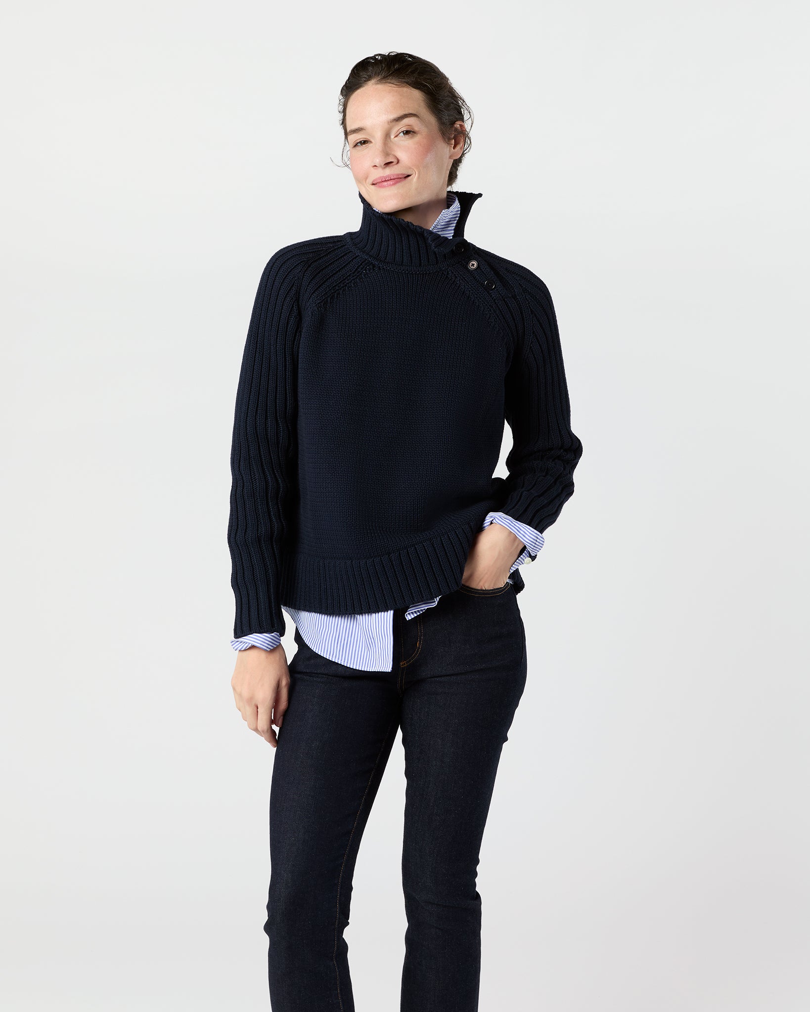 Ines Side Funnel-Neck Sweater in Navy Cotton Tape Yarn
