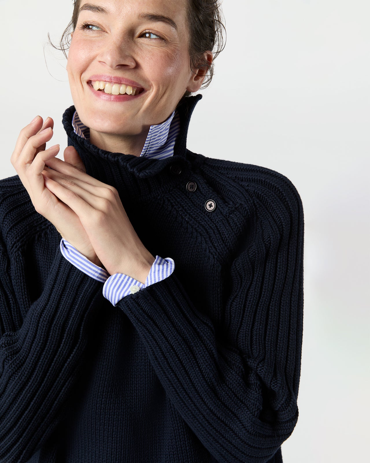 Ines Side Funnel-Neck Sweater in Navy Cotton Tape Yarn