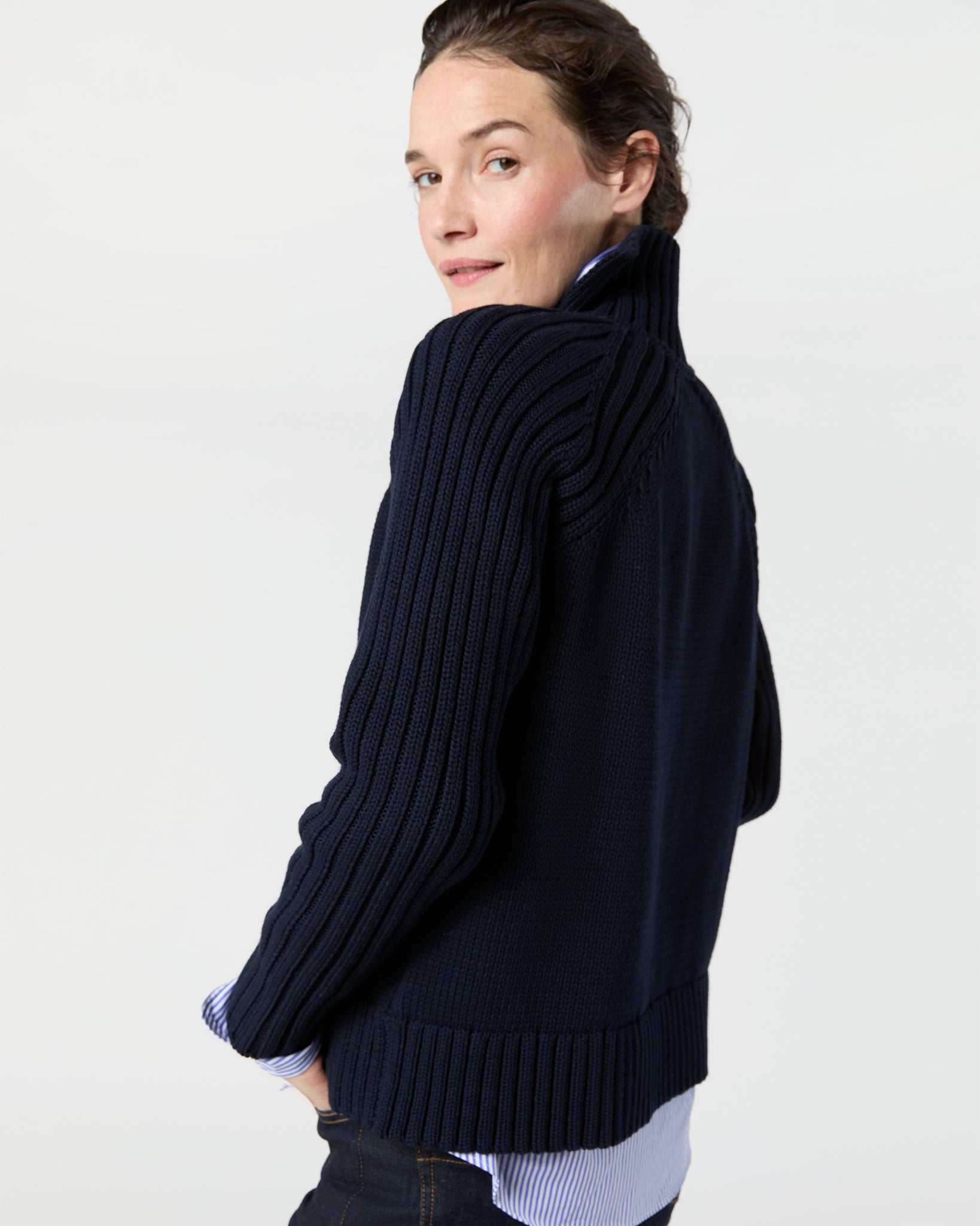 Ines Side Funnel-Neck Sweater in Navy Cotton Tape Yarn