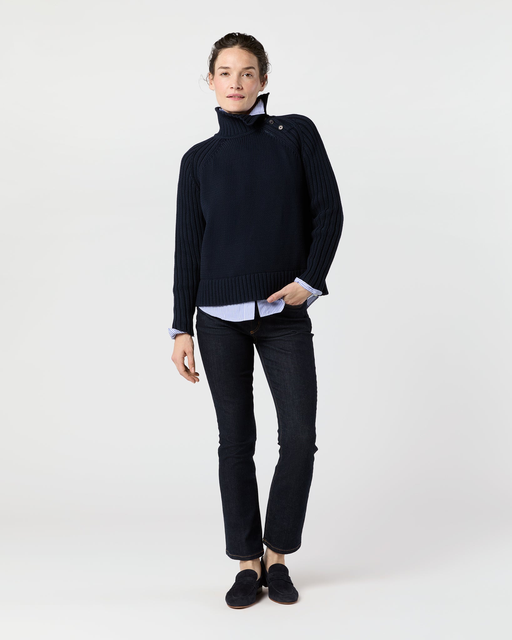 Ines Side Funnel-Neck Sweater in Navy Cotton Tape Yarn
