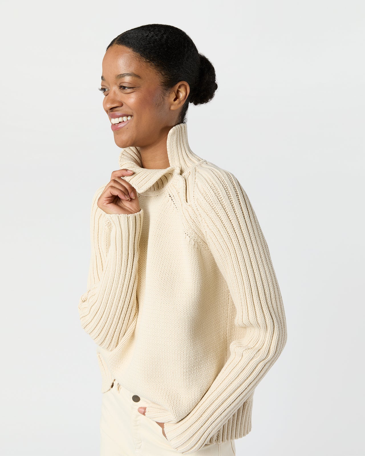 Ines Side Funnel-Neck Sweater in Cream Cotton Tape Yarn