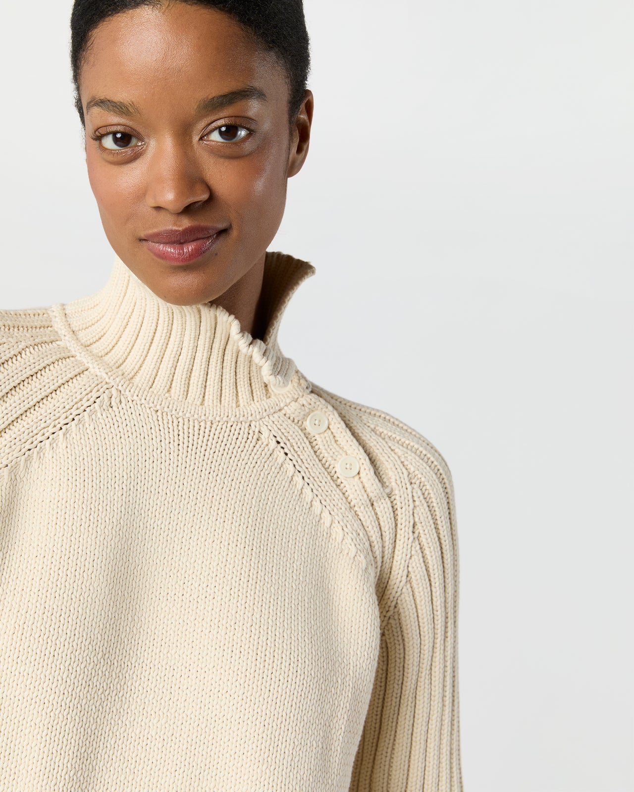 Ines Side Funnel-Neck Sweater in Cream Cotton Tape Yarn