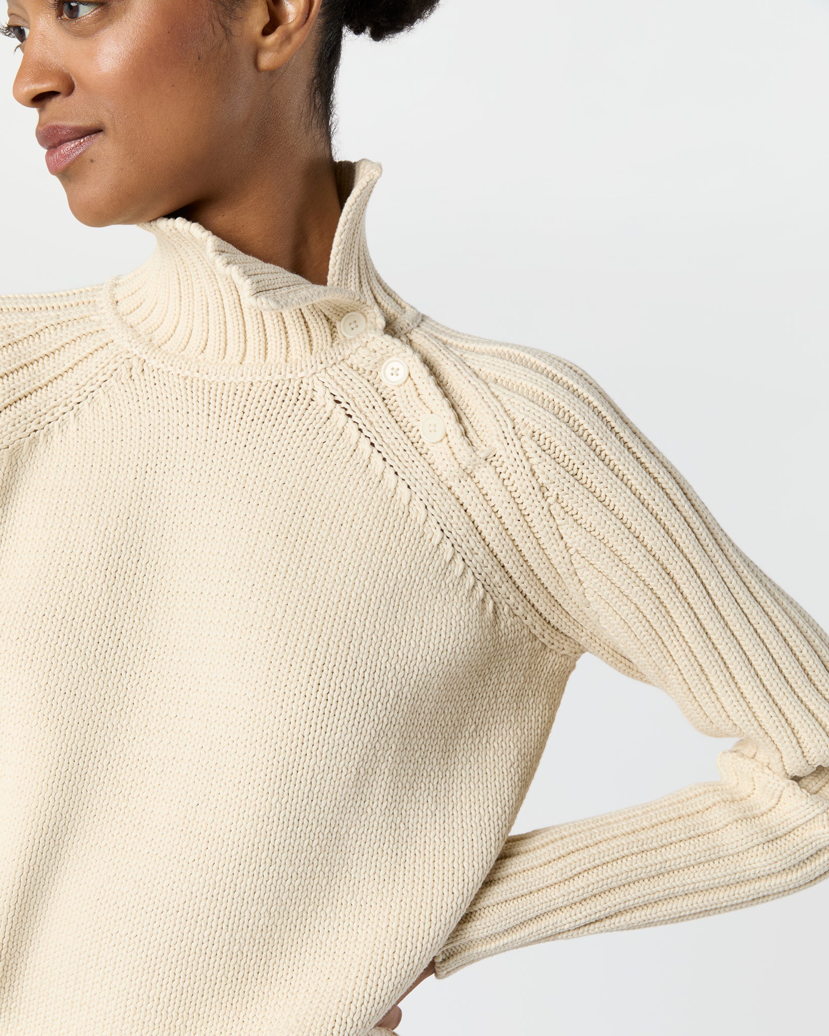 Ines Side Funnel-Neck Sweater in Cream Cotton Tape Yarn