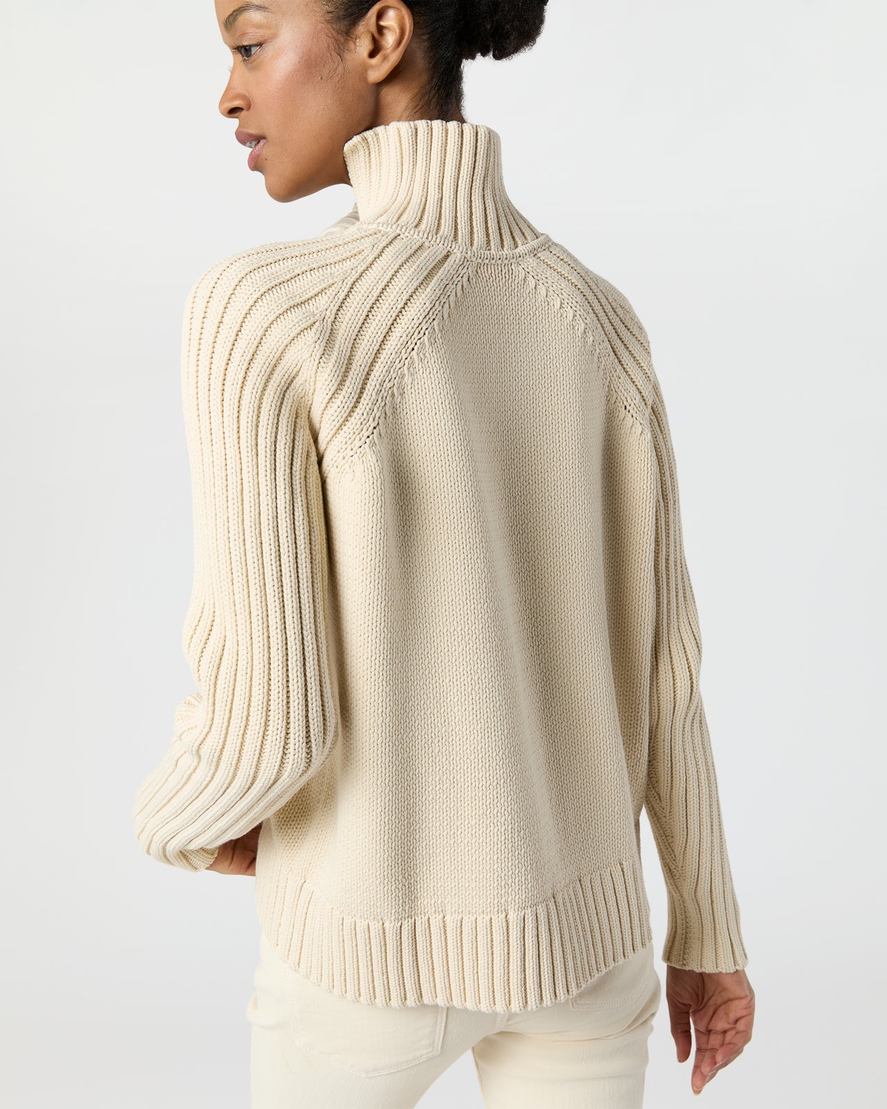 Ines Side Funnel-Neck Sweater in Cream Cotton Tape Yarn