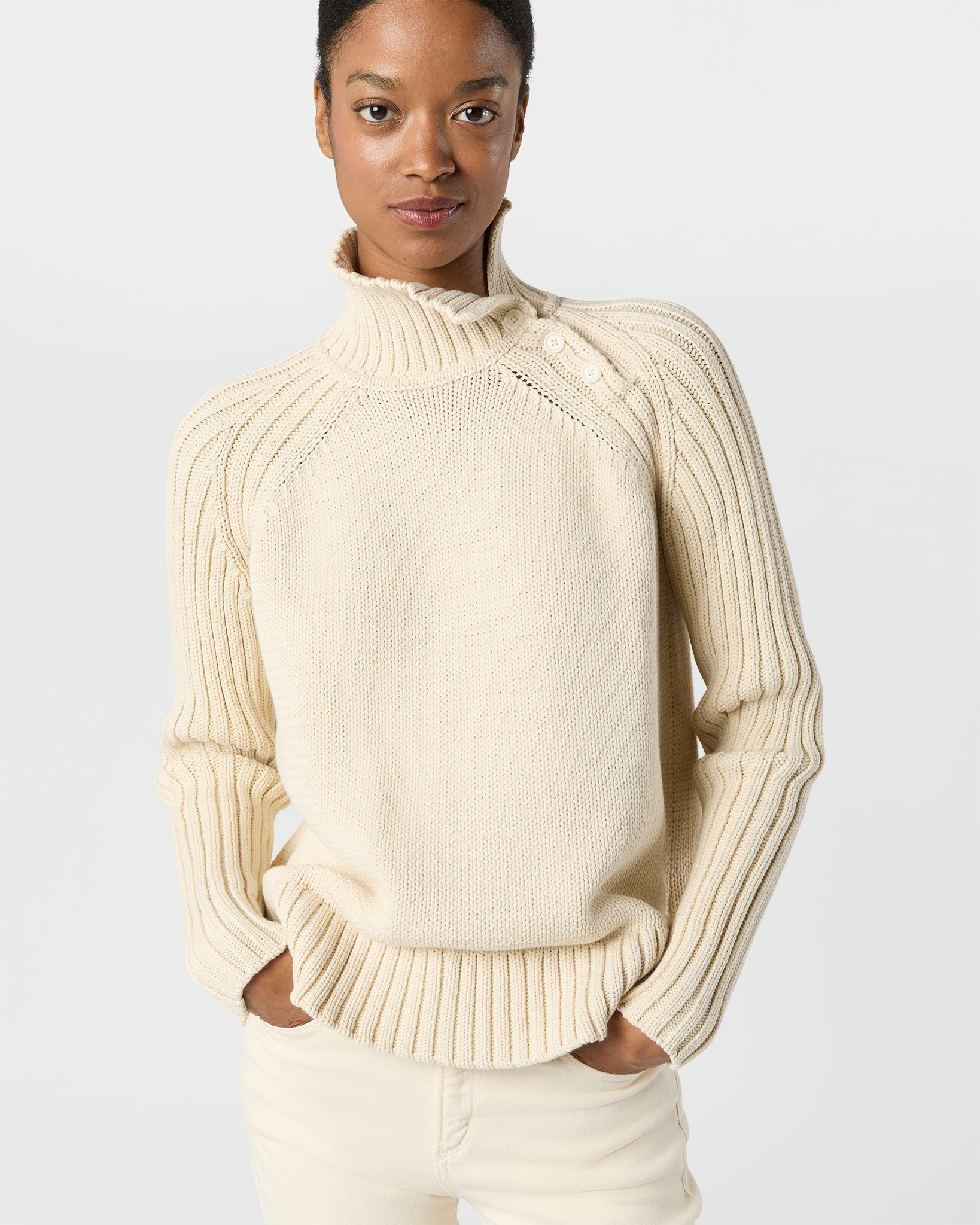 Ines Side Funnel-Neck Sweater in Cream Cotton Tape Yarn