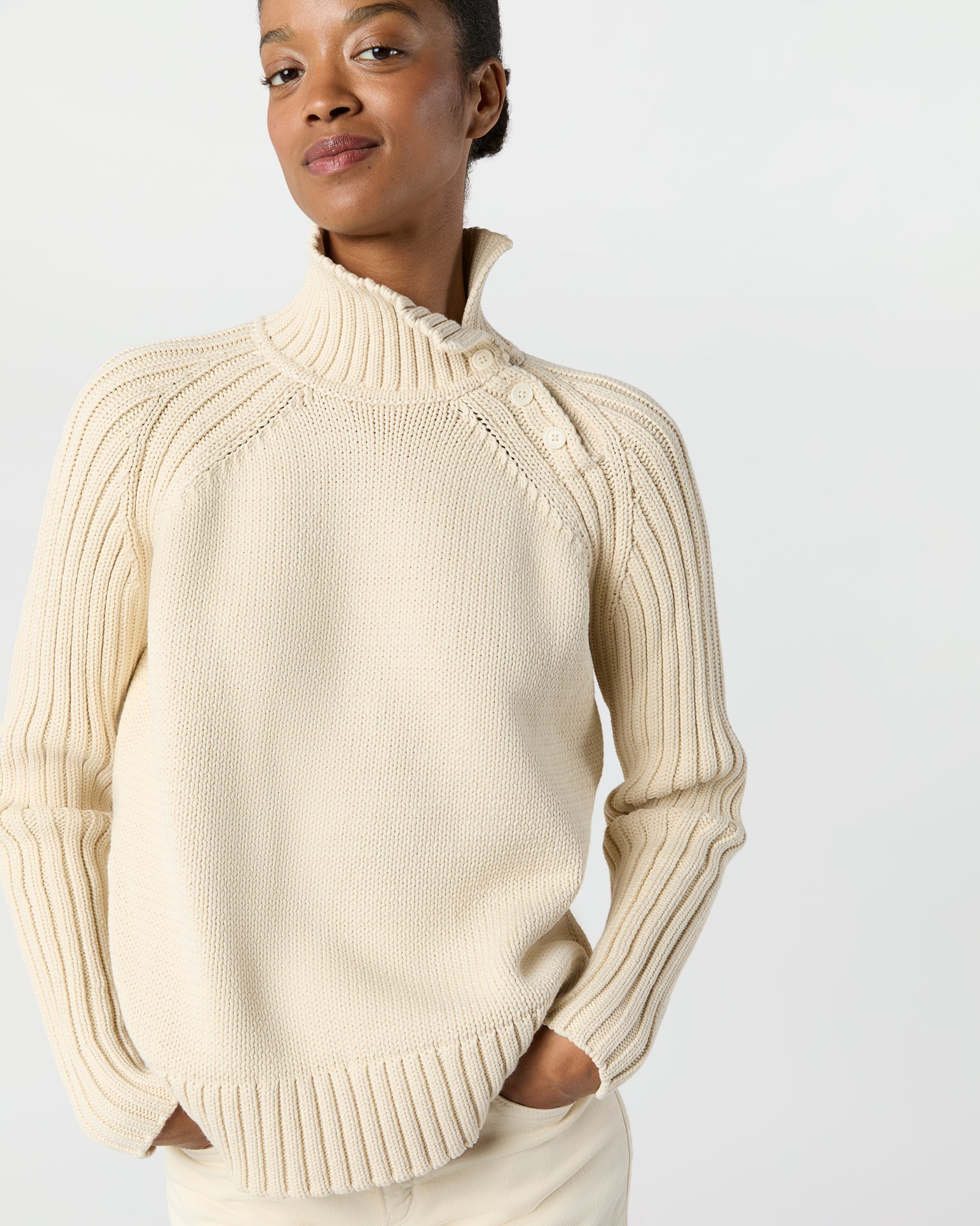 Ines Side Funnel-Neck Sweater in Cream Cotton Tape Yarn