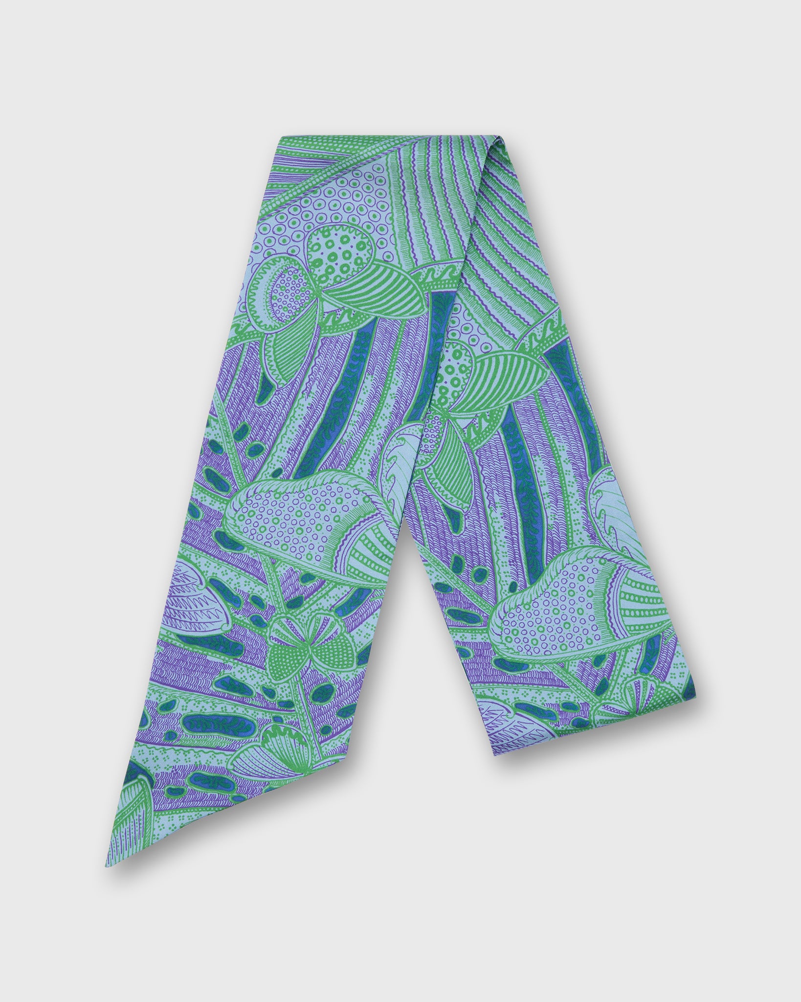 Silk Tied Up Scarf in Purple/Green Butterfly Block Print Silk Twill