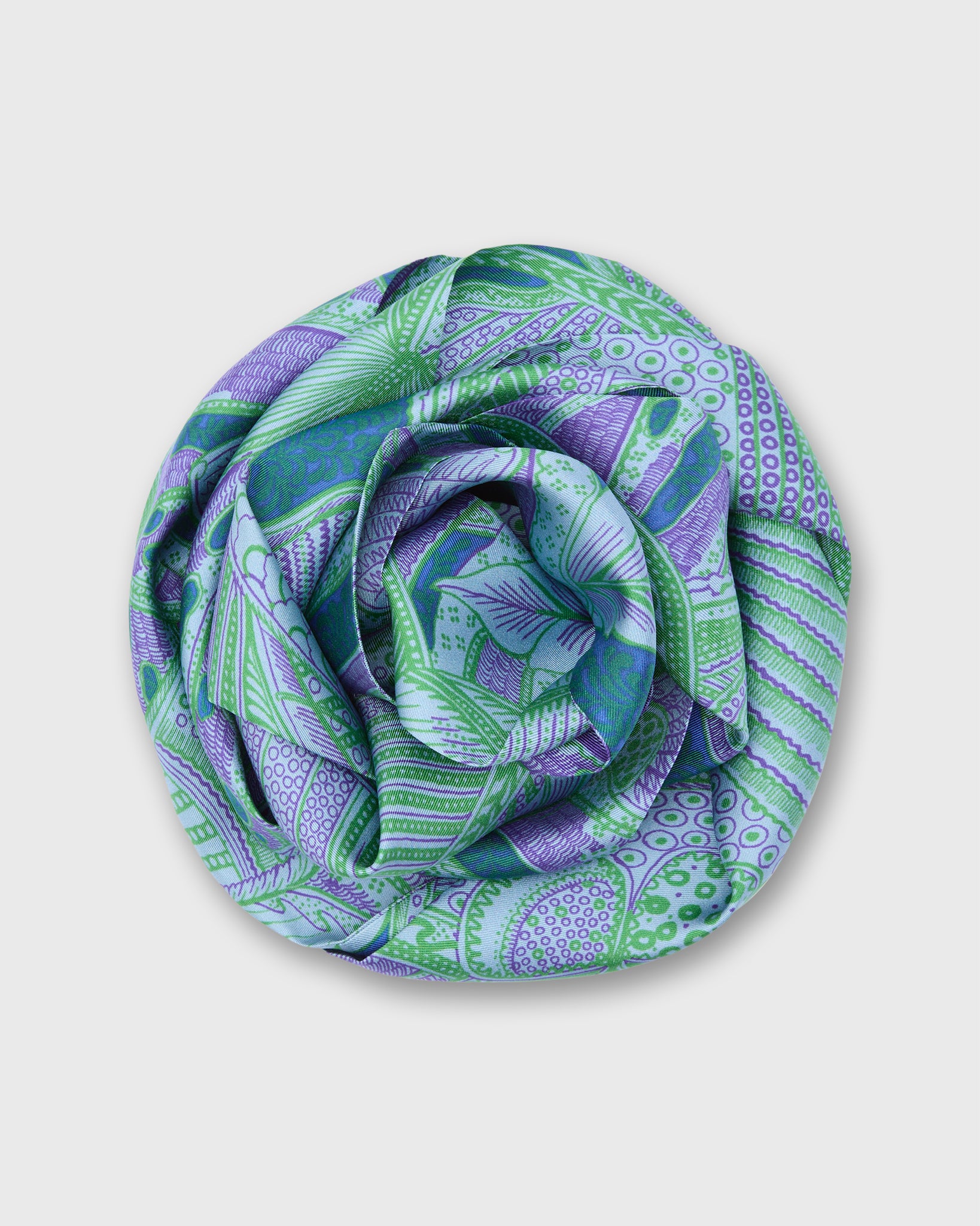 Silk Tied Up Scarf in Purple/Green Butterfly Block Print Silk Twill