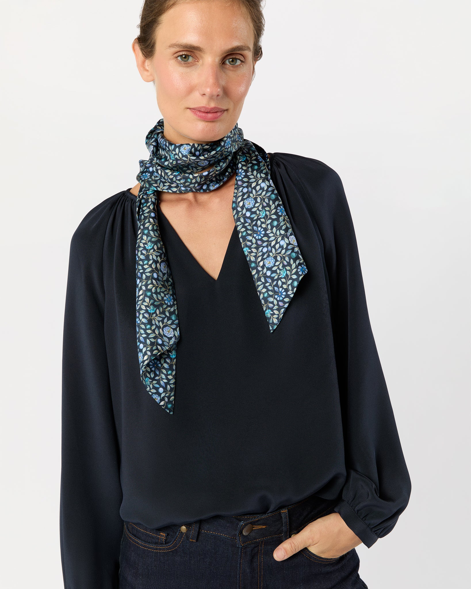 Silk Tied Up Scarf in Blue/Multi Zara Thanrose Liberty Fabric Silk Twill