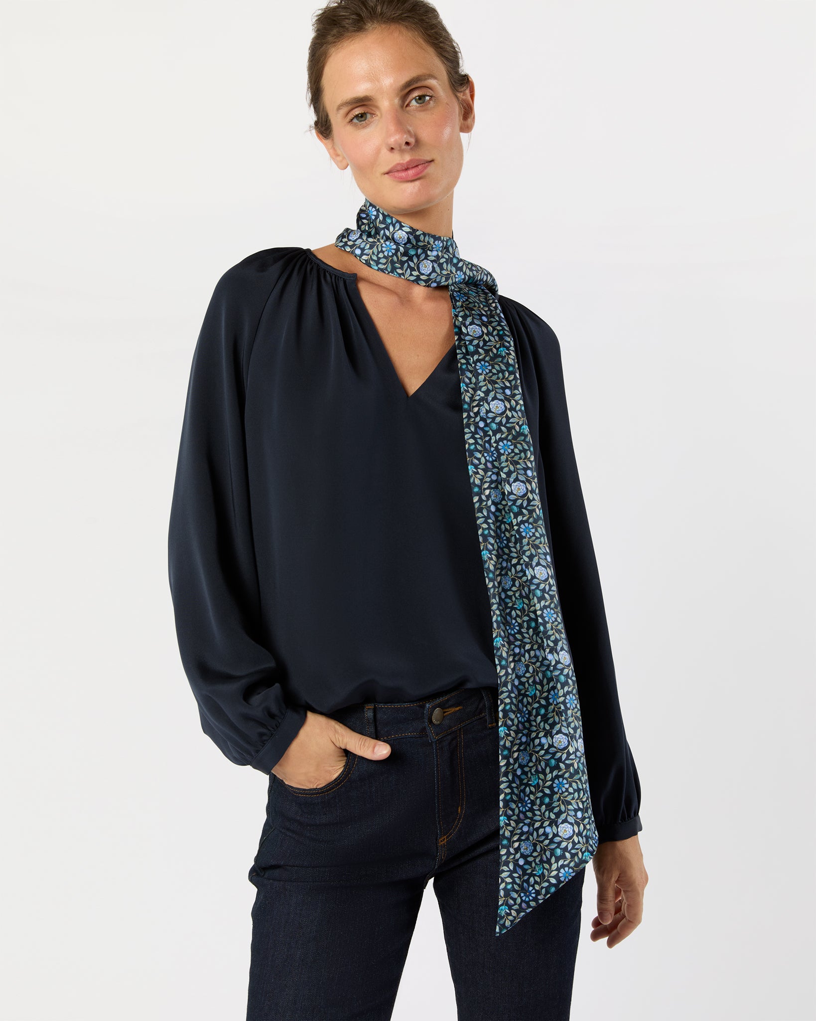 Silk Tied Up Scarf in Blue/Multi Zara Thanrose Liberty Fabric Silk Twill