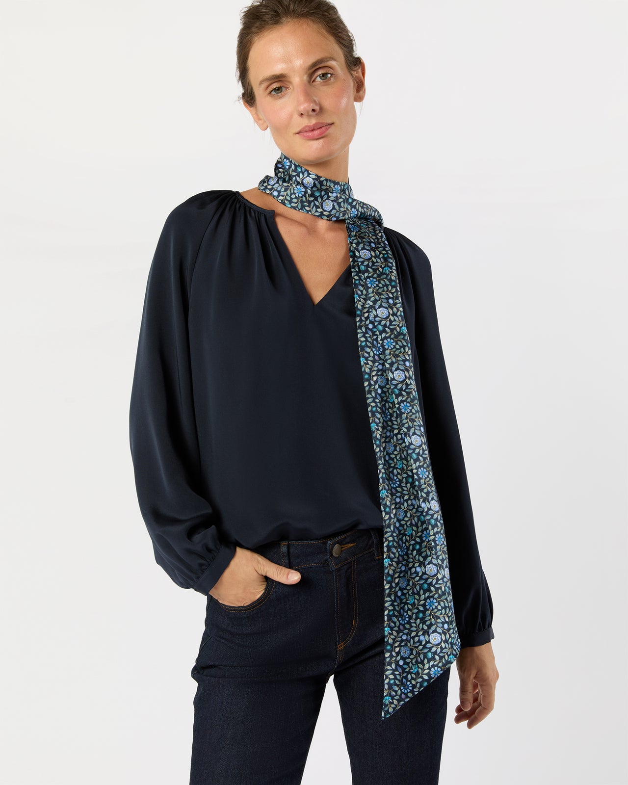 Silk Tied Up Scarf in Blue/Multi Zara Thanrose Liberty Fabric Silk Twill