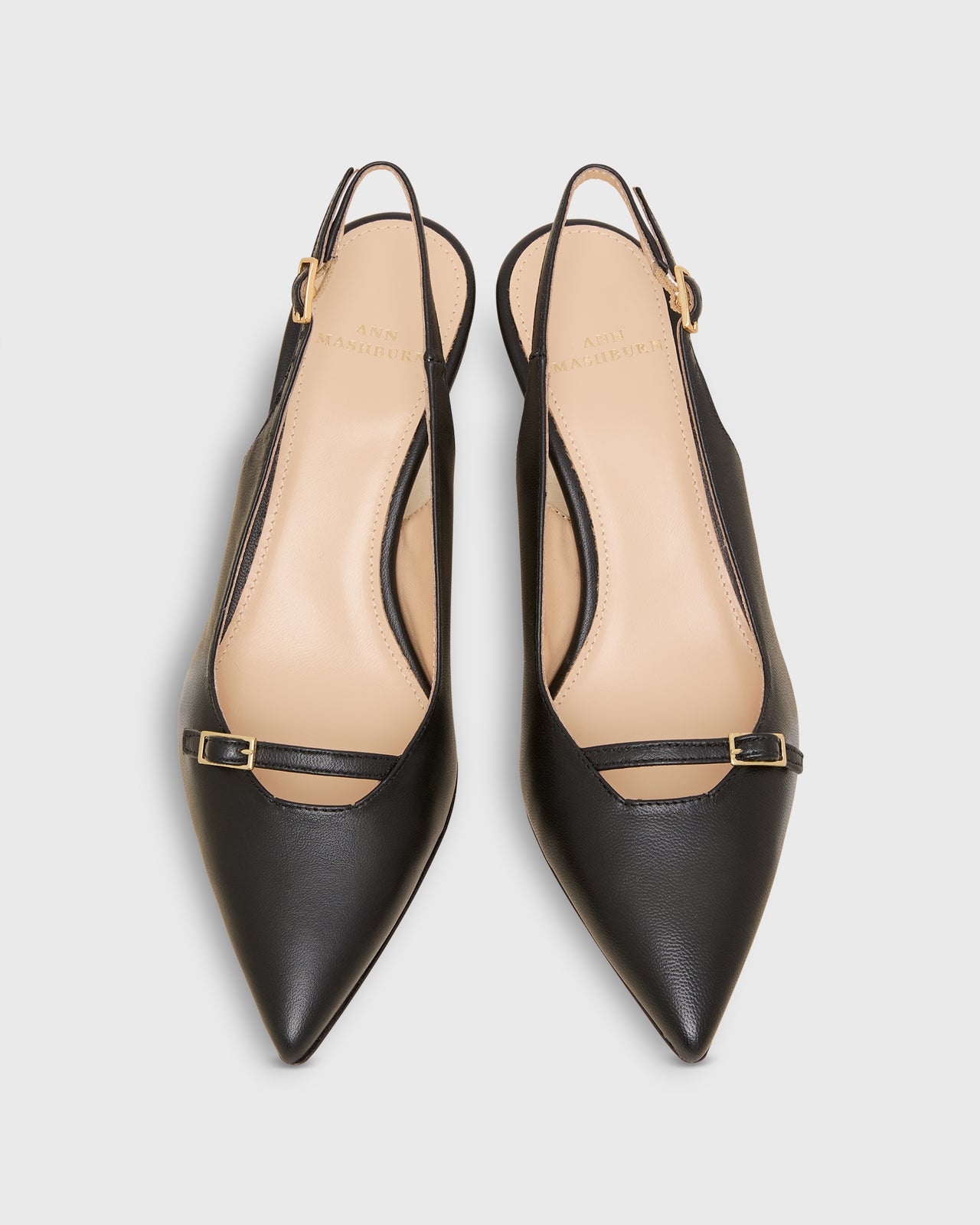 Buckle Slingback Kitten Heel in Black Leather