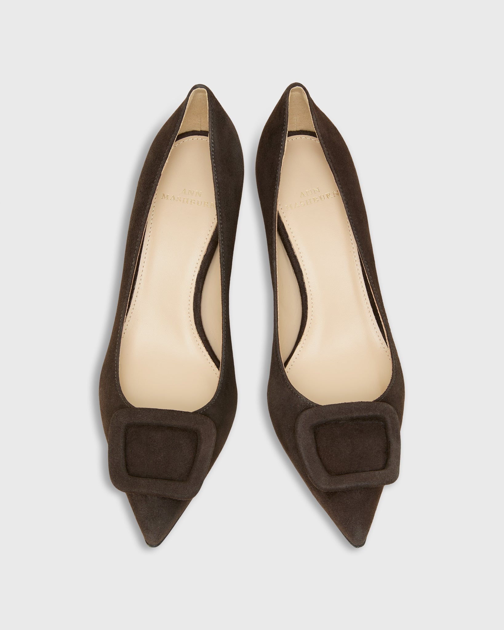 Pointed-Toe Buckle Pump in Dark Brown Suede