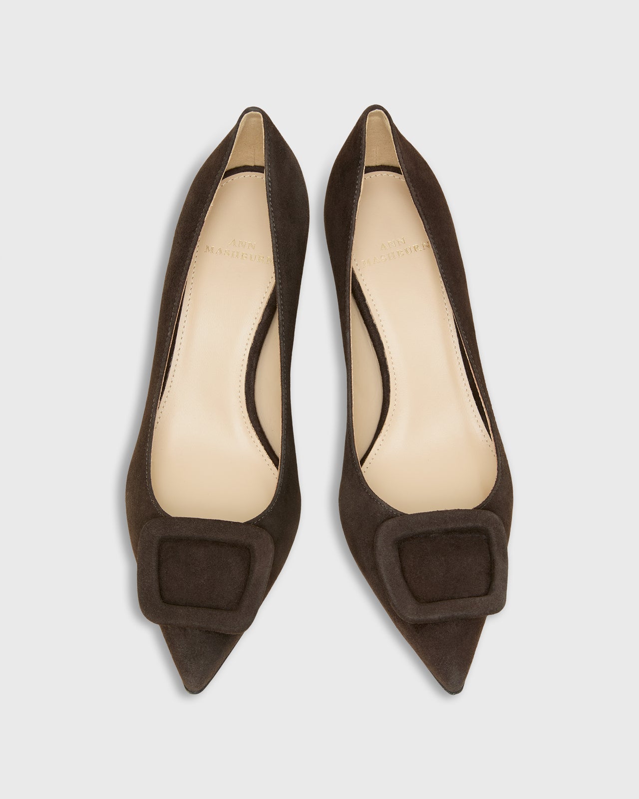 Pointed-Toe Buckle Pump in Dark Brown Suede