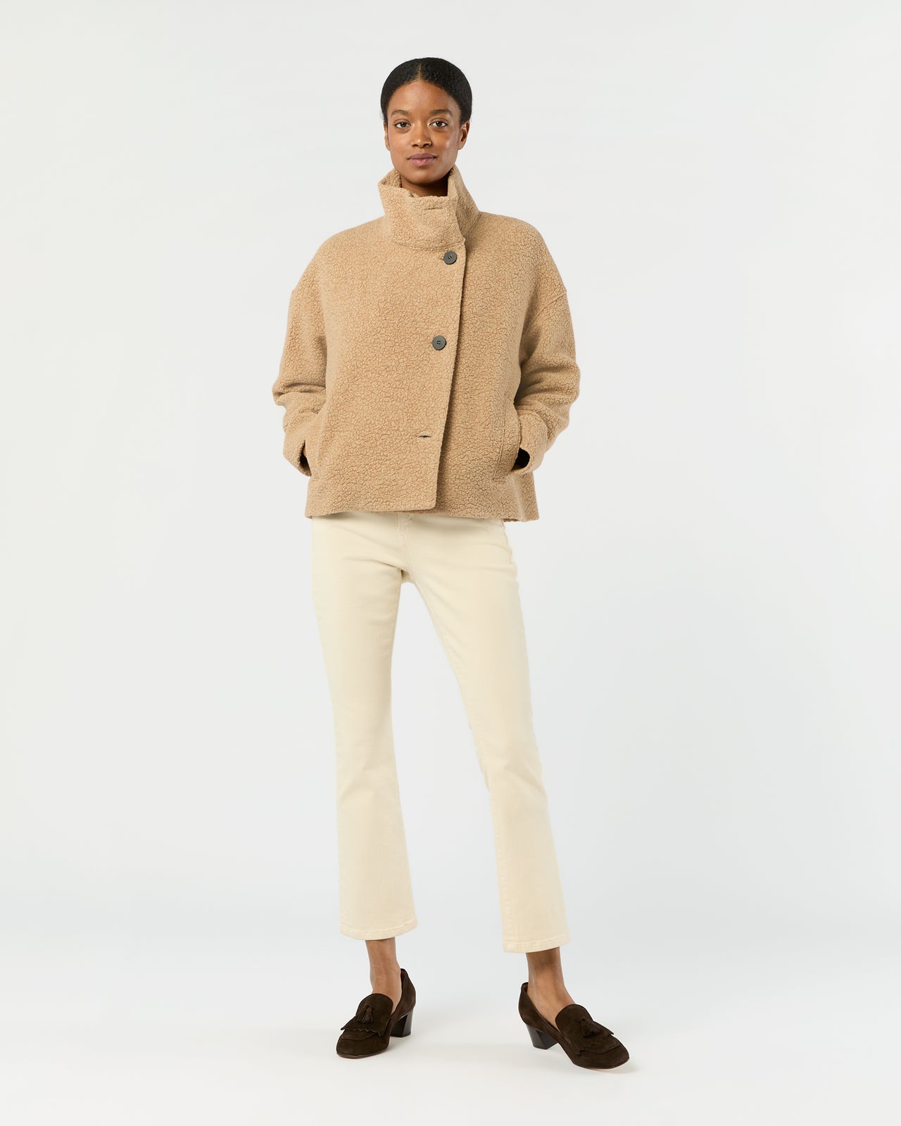Cropped Funnel Jacket in Beige