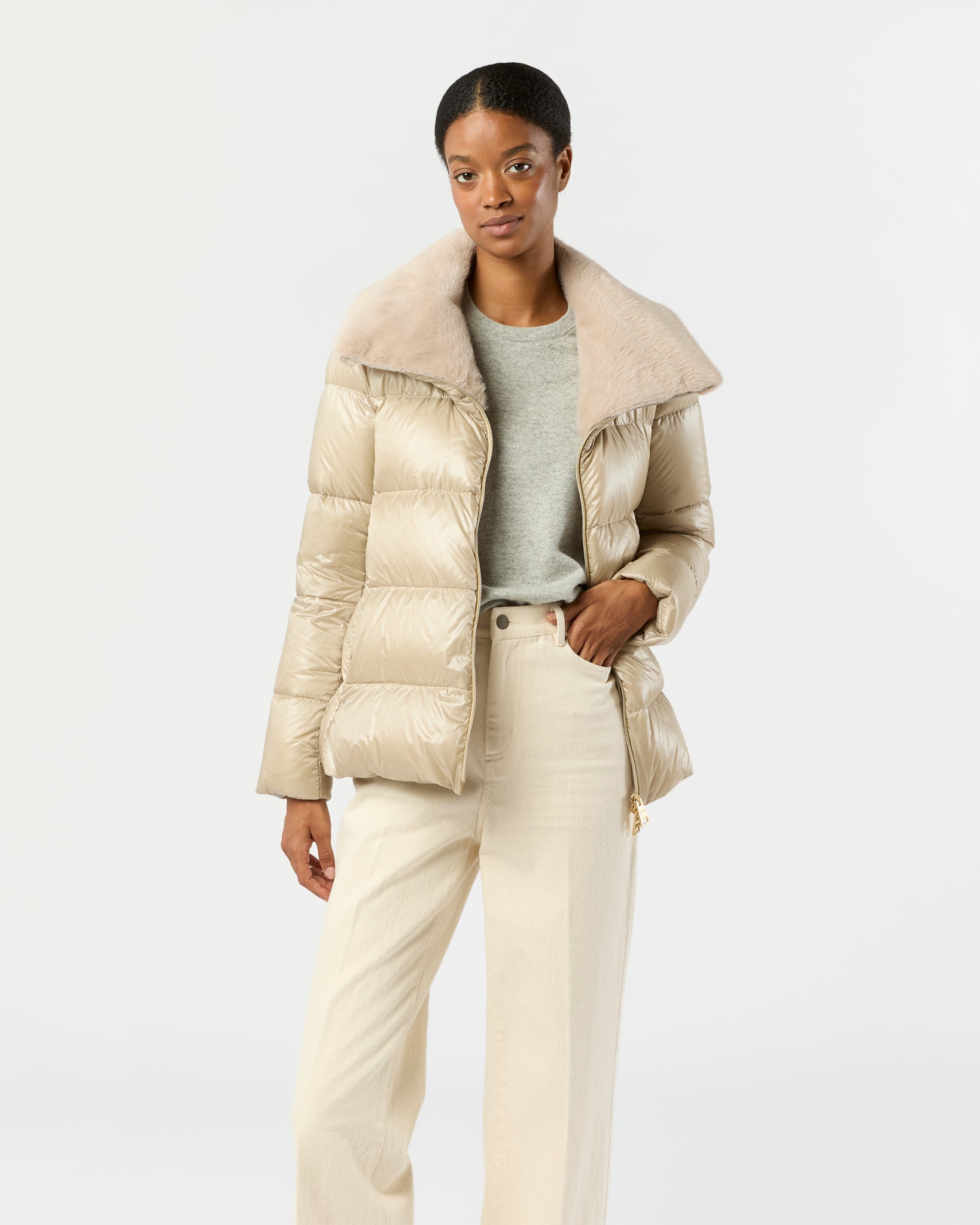 Shiny Nylon Short Jacket with Faux Fur in Champagne | Shop Ann