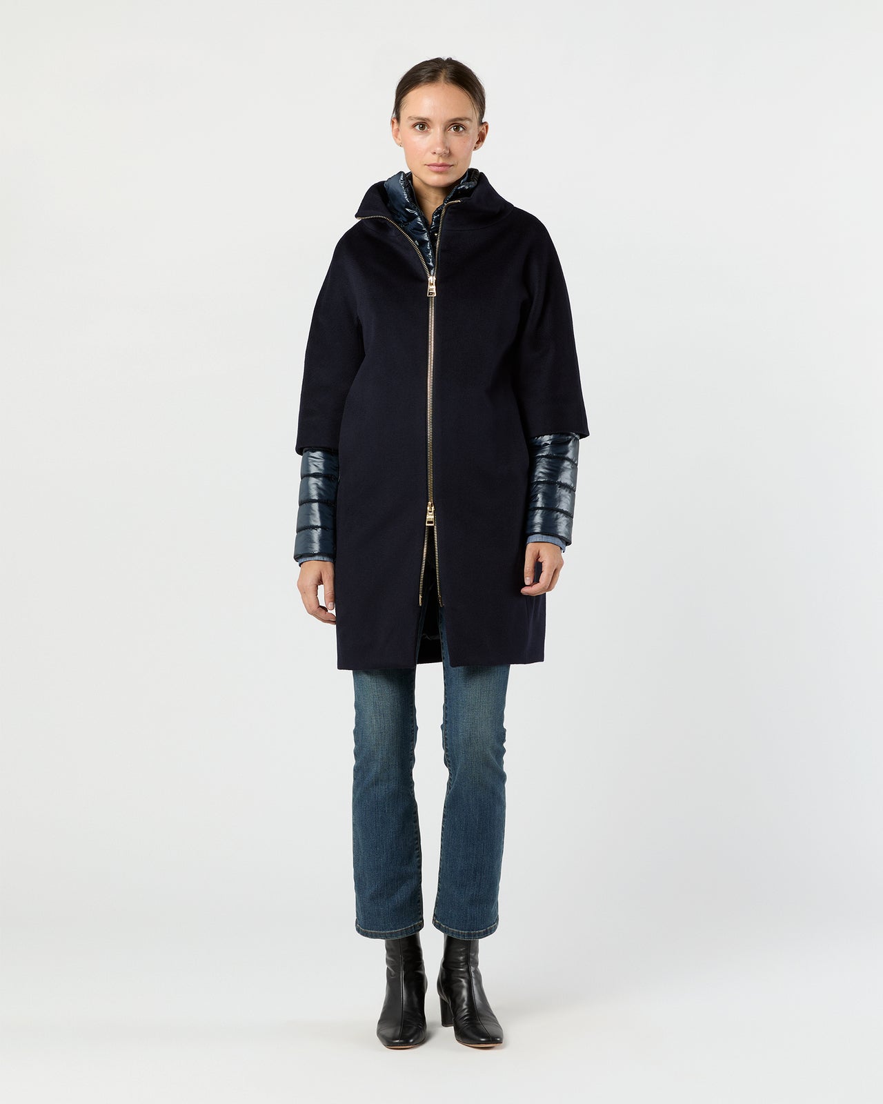 Mixed Media Cocoon Coat in Navy Blue | Shop Ann Mashburn