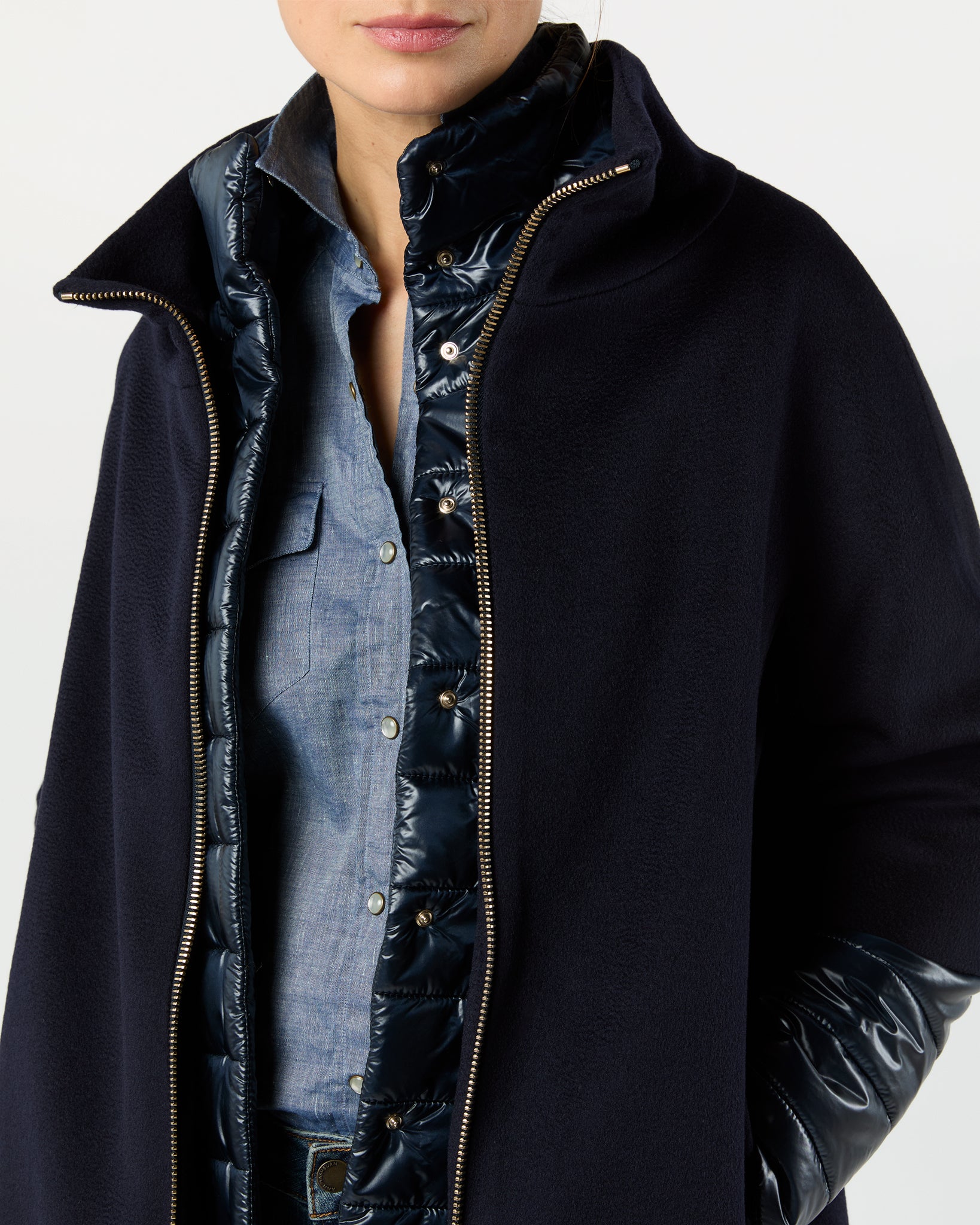 Mixed Media Cocoon Coat in Navy Blue | Shop Ann Mashburn