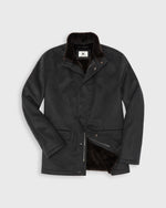 Load image into Gallery viewer, A dark charcoal gray cashmere jacket with a brown beaver fur lining and removable collar, shown on a light gray background.
